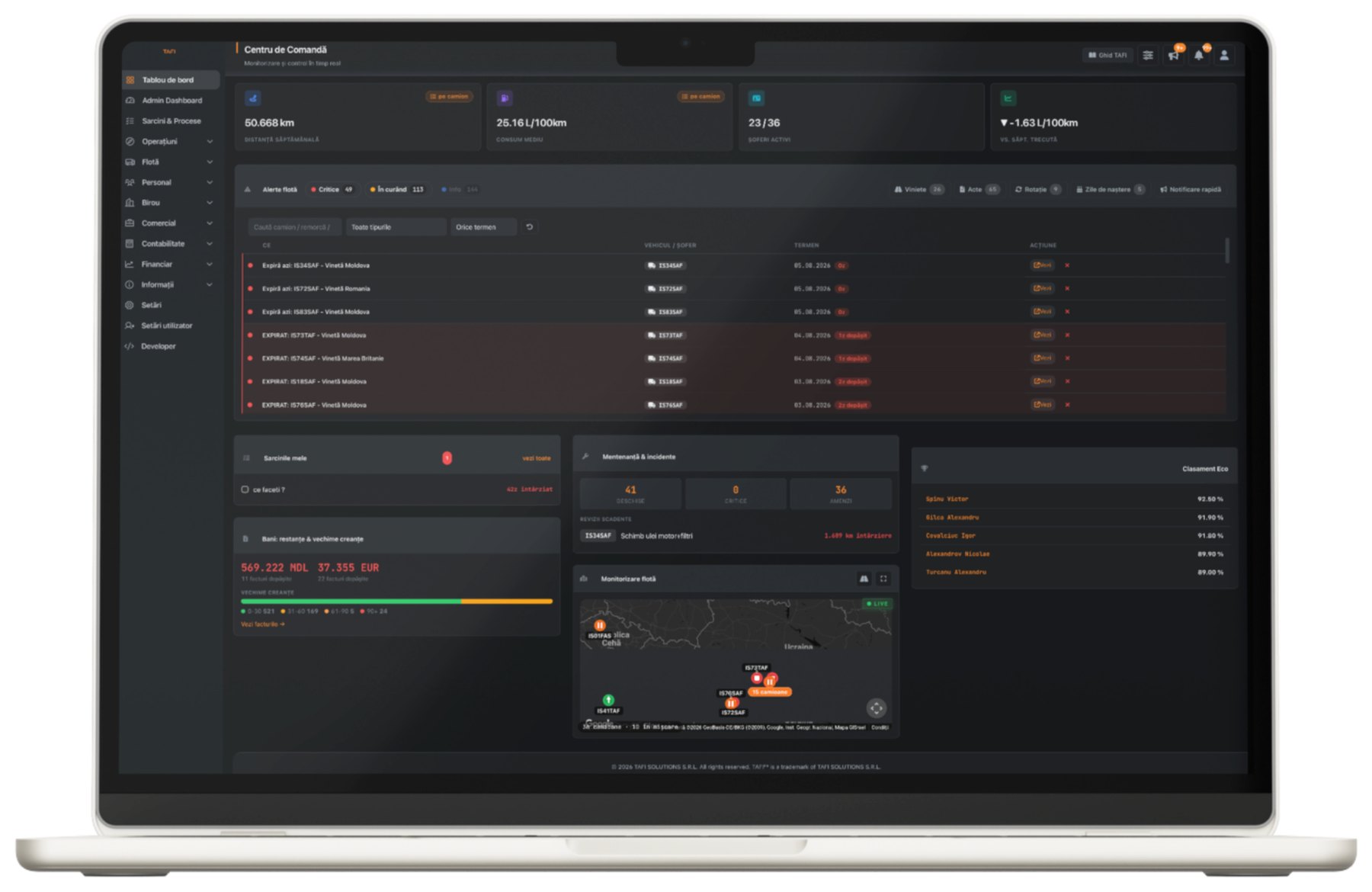The TAFI Agent command centre: weekly distance and fuel figures, a list of expiring vignettes by truck, outstanding invoices, maintenance due, driver eco ranking and a live fleet map.